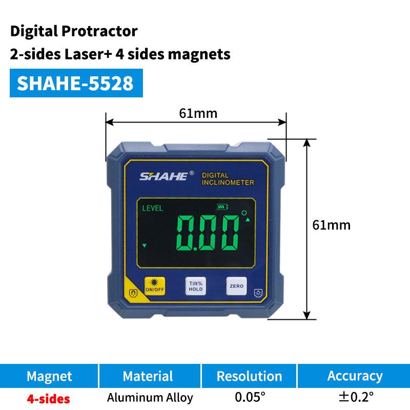 

SHAHE 4-sided Digital Angle Portactor Dual Laser Inclinometer Magnetic Digital Angle Finder Rechargeable Digital Level Box SHAHE-5528