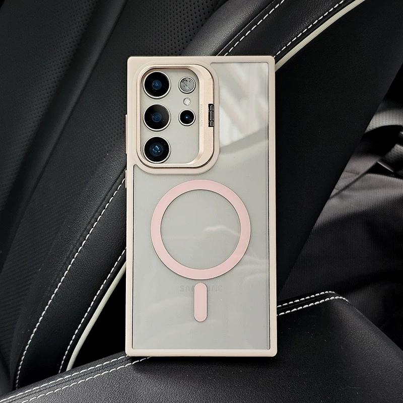 Folding Camera Lens Stand Holder For Magsafe Case For Samsung Galaxy S24 S23 S22 Ultra Plus Clear Hard Acrylic Magnetic Cover