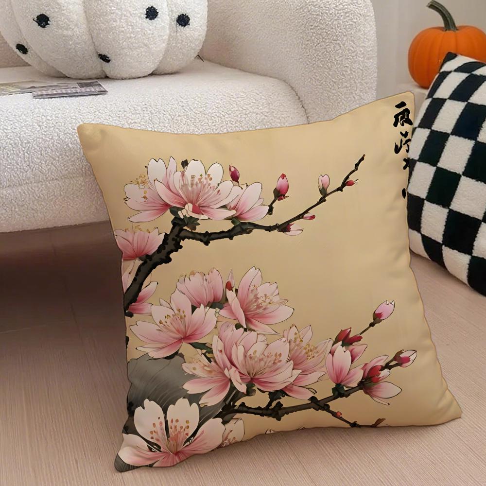Ukiyoe Cherry Blossom Pillow Japanese Style Cushion Cover Throw Pillow Cover Hidden Button Durable Polyester Chair Cushion 30X30cm