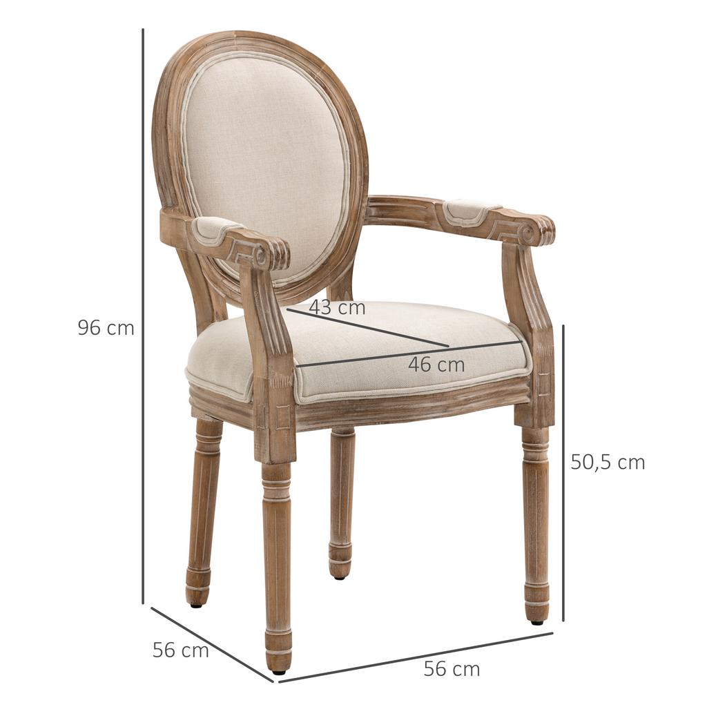 Dining Chair, Medallion Louis XVI Style, Carved Wood, Cream Linen