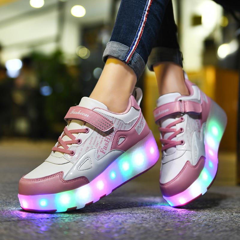 27-43 Detachable Wheel Boys/Girls Double Wheel Luminous Sneakers Can Be Charged Sneakers for Skating Kids Roller Skating Boots