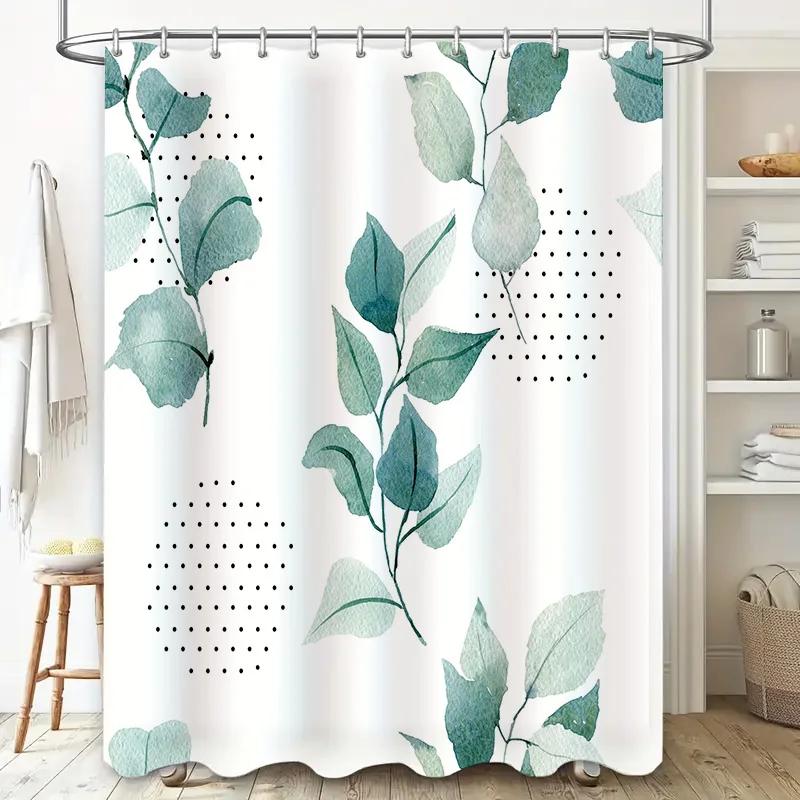 Elegant Green Leaf Shower Curtain with Black Dots for Bathroom Decor Waterproof Fabric Bath Mat