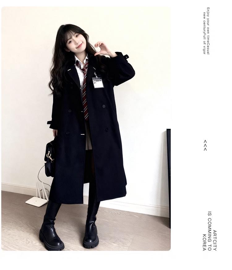 Women's Black College Style Trench Coat - Spring/Autumn 2025 Petite Mid-Length JK Uniform
