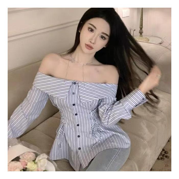 

One-line neck slim waist top women s pre-fall new sexy hot girl striped shirt chic lace-up long sleeve T-shirt S