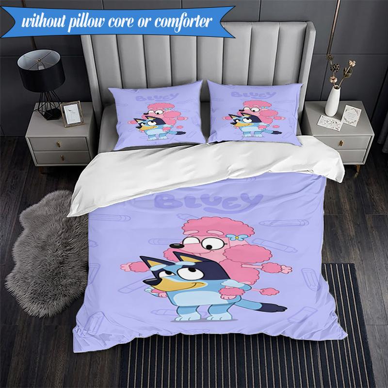 3PCS Bluey Friends Adventure Bedding Set 2D Printing (Includes 1 Duvet Cover + 2 Pillowcases Coreless), Bedroom decor,Fan Gift