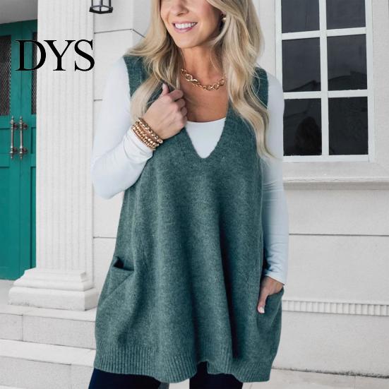 Sand Line Texture Vest Women Sweater V-neck Sleeveless Pockets Mid-length Knitting Jumper Tops Solid Color Autumn Winter Casual Knitwear Season