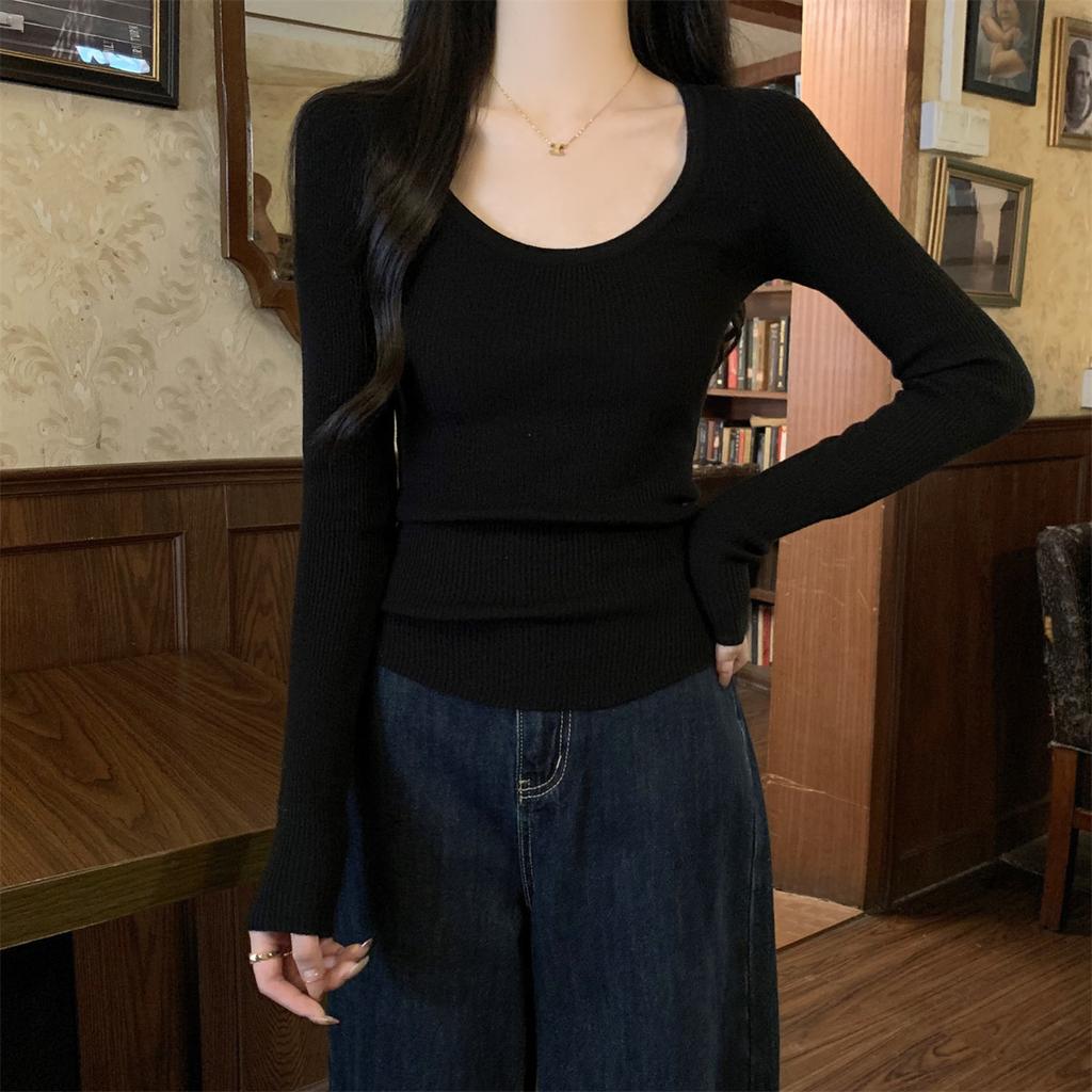 Skinny Spice Girl U-Neck Front Shoulder Knitted Bottom Shirt Women's Spring Slim Skinny Inner Top Soft Waxy Long Sleeve Sweater