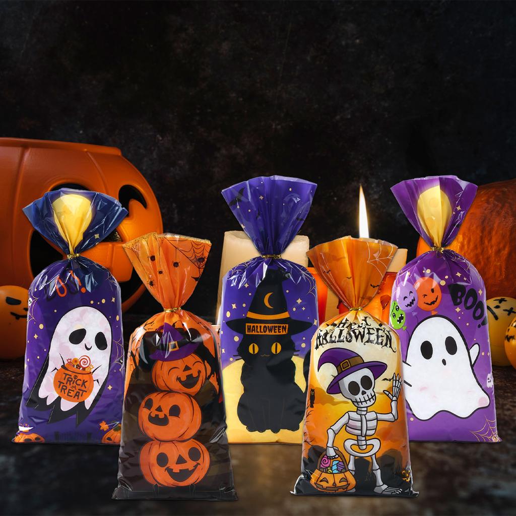 100pcs Halloween Ghost Cat Gift Bags Candy Cookie Packaging Bags Trick Or Treat 2025 Happy Halloween Party Decor Supplies