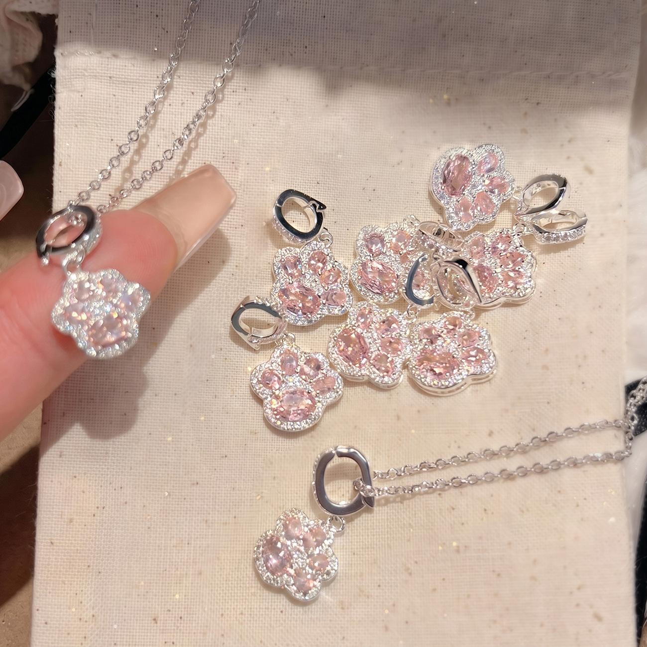 Silver Tone Pink CZ Cat Paw Necklace, Cute Animal Pendant Dainty Chain for Women