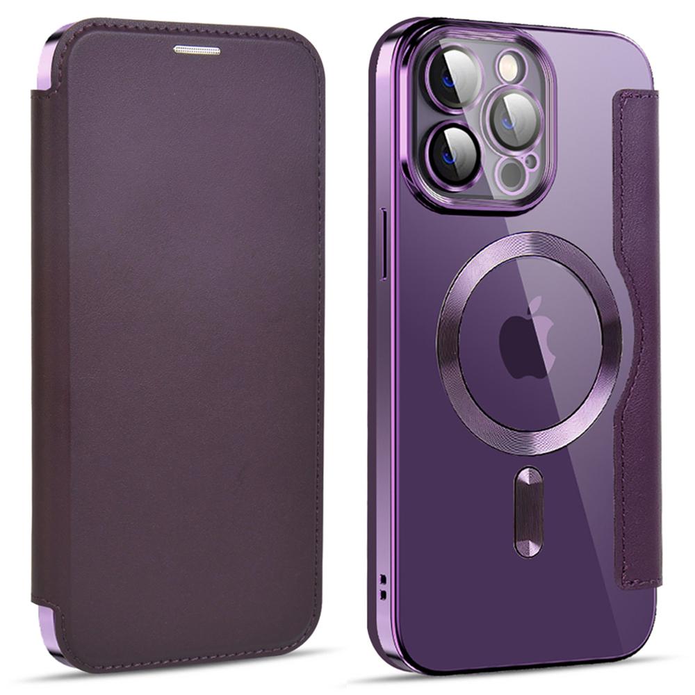 

For iPhone 13 Pro Max 6.7 inch Compatible with MagSafe RFID Blocking Card Slots Bump Proof TPU Electroplating Clear Back Flip Case with Lens Film Purple