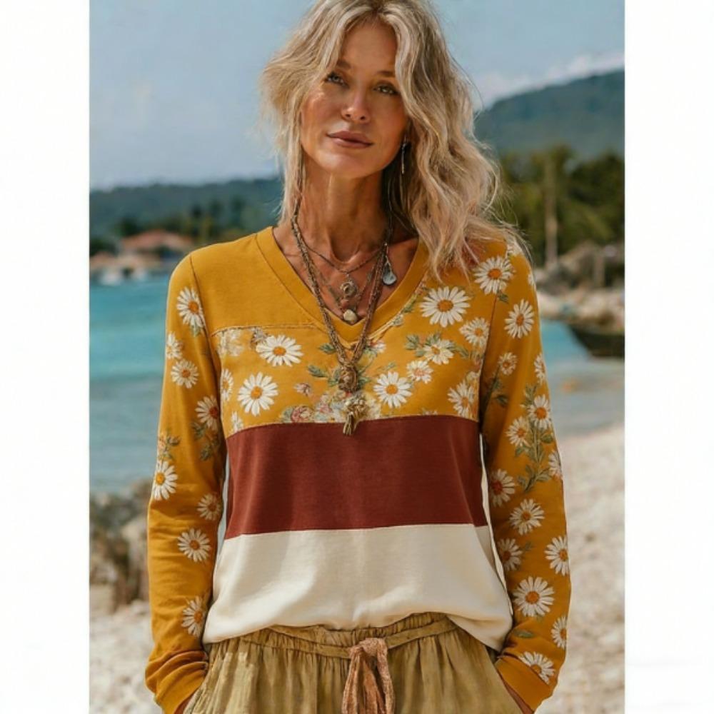 

Europe America Style Fashion Splicing Colors V-neck Women s T-shirt Pullover Women Long Sleeve Clothing Outdoor Casual Tees Top S