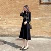 Spring Hepburn Style Black Midi Skirt Waist Slimming Black Skirt French Retro Long Sleeve Dress Women