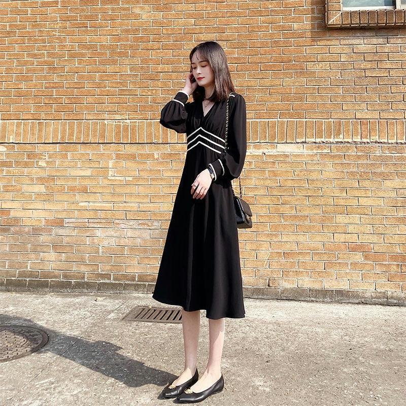 Spring Hepburn Style Black Midi Skirt Waist Slimming Black Skirt French Retro Long Sleeve Dress Women
