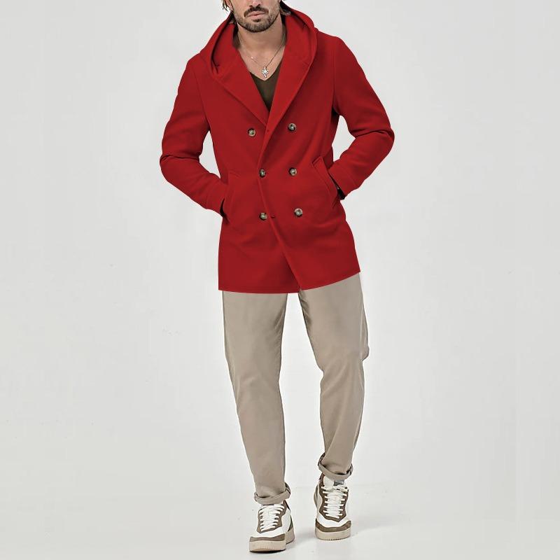 Men's Mid Length Lapel Hooded Trench Coat, Composite Spacer Fabric Double Breasted Casual Jacket for Spring Autumn