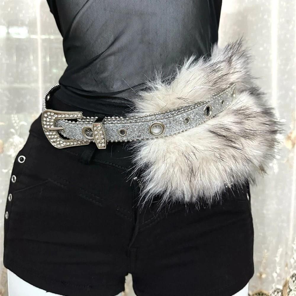 Rhinestone Furry Waistband Spicy Girl Style Y2K Plush Waist Belt Leather Fur Belt Female/Girls