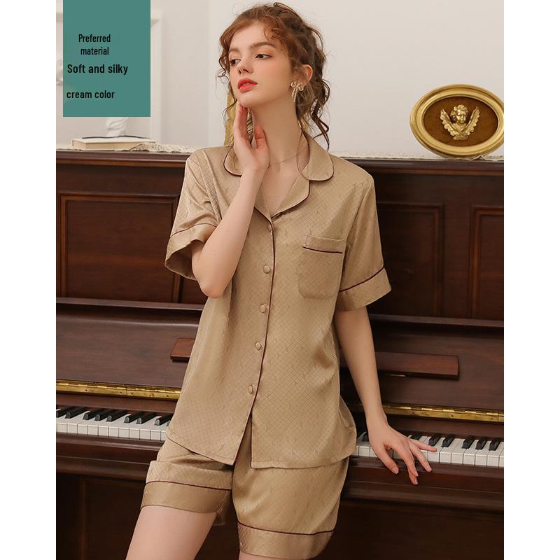 Dream Silk Brocade Summer Ice Silk Pajama Set: Unisex Short Sleeve Two-Piece with Loose Grid Pattern