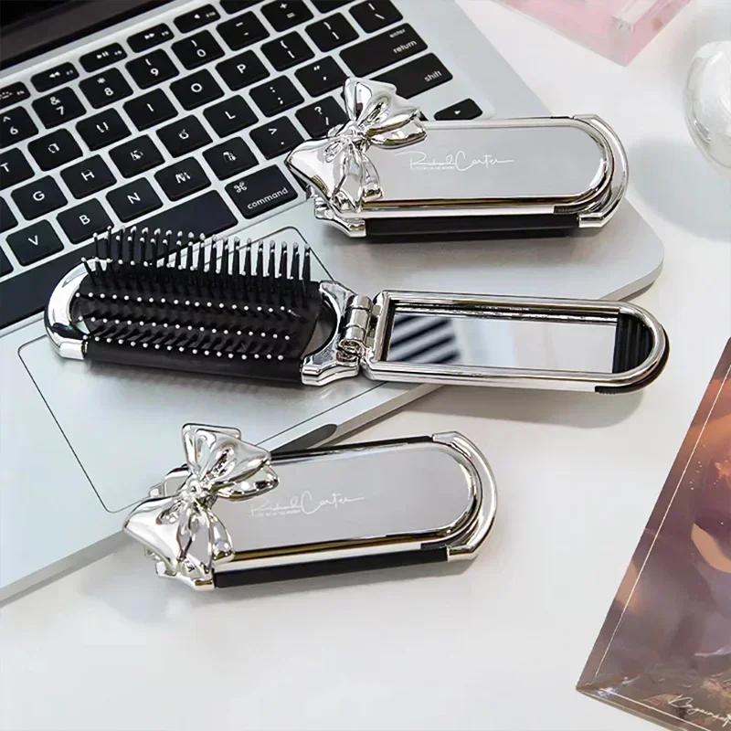 Sliver Bow Folding Air Cushion Comb with Mirror  Diamond Bling Rhinestone Cosmetic Travel Pocket Small Hair Brush Makeup Tools