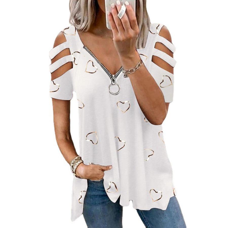 New Foreign Style Women's T-Shirt V-Neck Zipper Printed Loose Casual Top