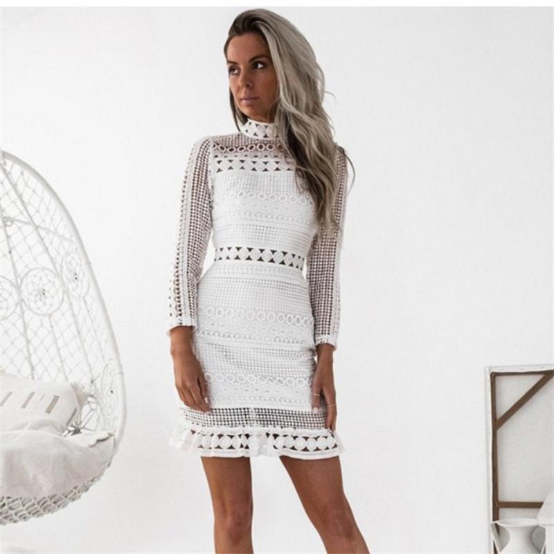 Elegante Bodycon Sexy frauen Kleid für Frauen 2022 Sommer Mini Spitze Langarm Aushöhlen Club Kleider Frau Robe Femme damen