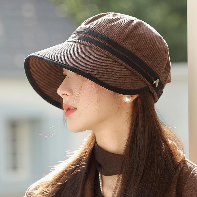Corduroy Autumn Hat Women's High-end Temperament Equestrian Hat Big Head Circumference Showing Face Small Versatile Cap