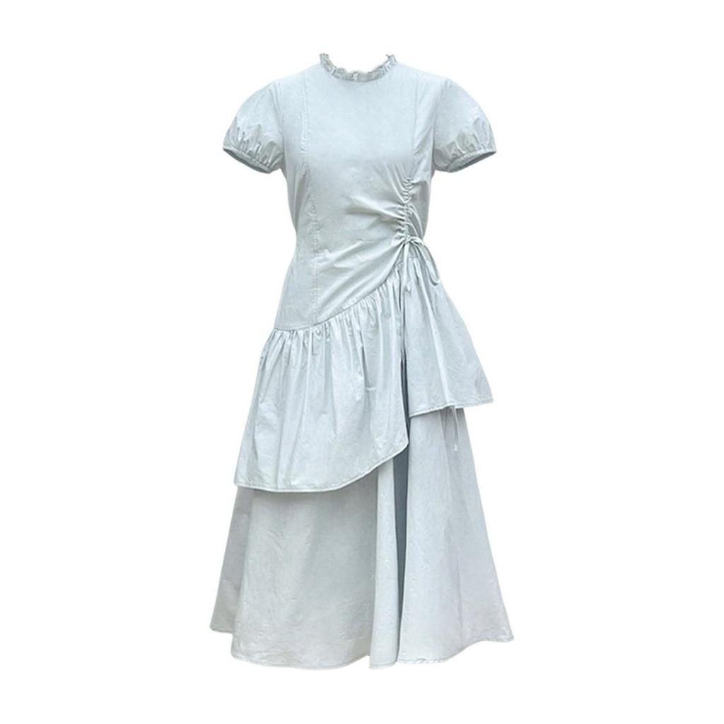 New summer irregular blue dress children's French temperament unique beautiful waist pinch cake long dress looks thin