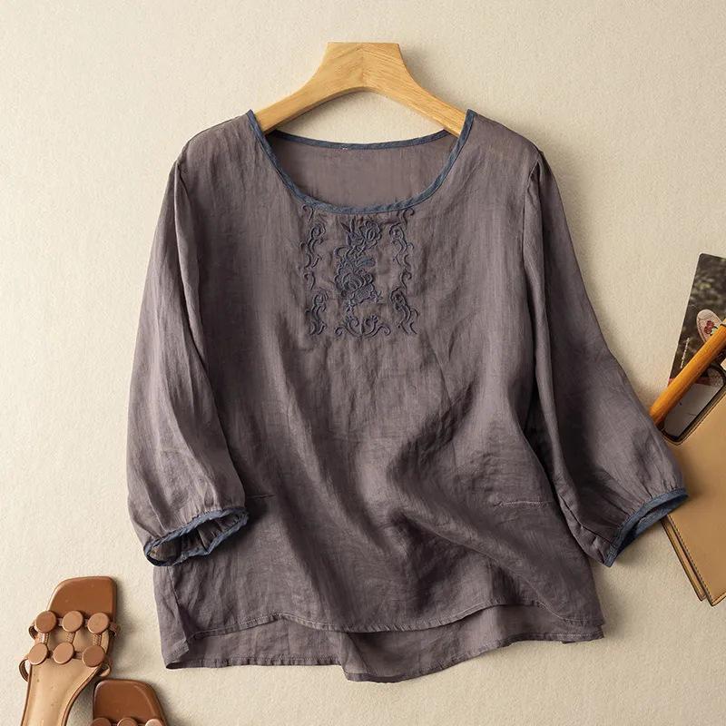 2024 Chinese Style Embroidered Three-Quarter Sleeve Cotton-Linen Pullover