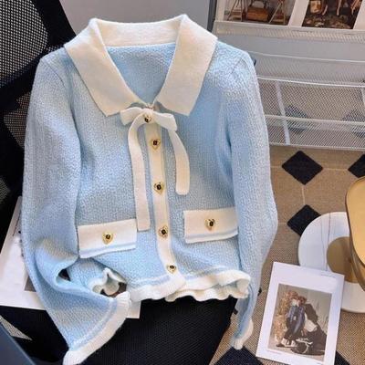 Bow Tie Knit Cardigan for Women's Spring and Autumn New Short Style Contrasting Color Sweet Little Fragrance Sweater