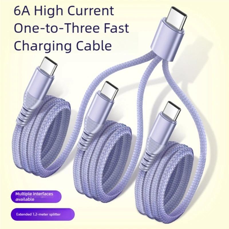 Triple Port USB C Chargers Cable 120cm Nylon Braided Cord Simultaneous Charging for Smartphones Tablets