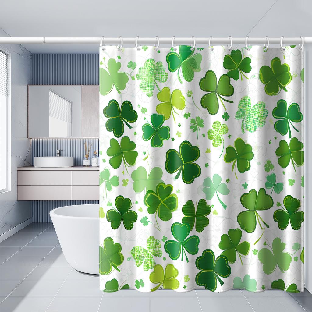 Elegant Green and White Clover Pattern Waterproof Shower Curtain – Perfect for Bringing a Fresh and Natural Touch to
