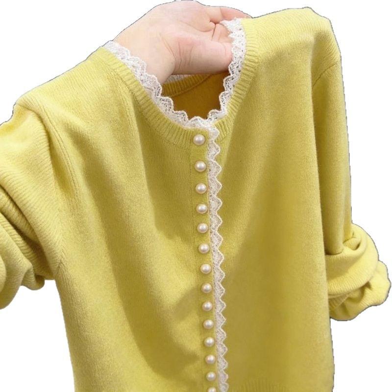 2026 Womens Soft Knit Sweater With Lace Trim Collar Loose Fit Elegant Pullover In Multiple Colors