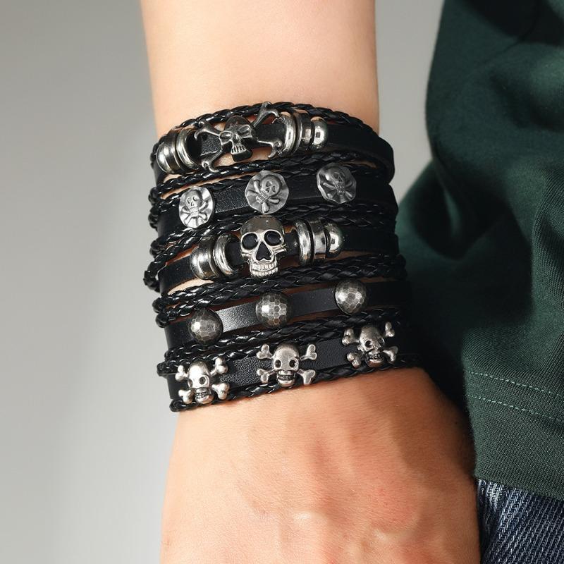 Hot Sale 5 Pieces/Set Punk Style Handwoven Retro Fashion Skull Alloy Accessories Leather Bracelet