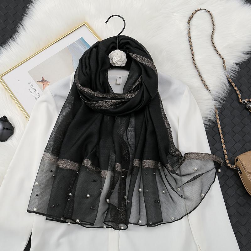 Fashion Luxury Silk Scarf For Women Shawls With Beads Long Scarf For Women Female Foluard Stoles Bandana Head Wraps Headscarf