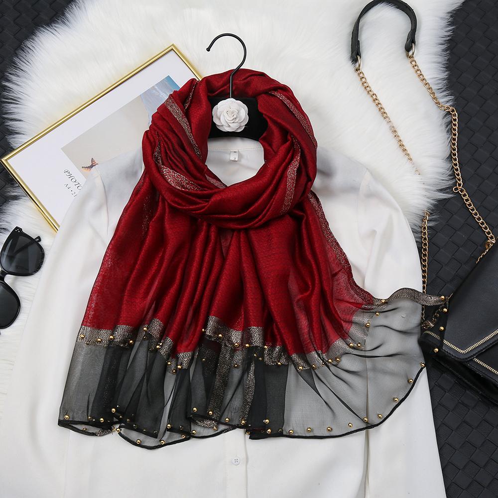 Fashion Luxury Silk Scarf For Women Shawls With Beads Long Scarf For Women Female Foluard Stoles Bandana Head Wraps Headscarf