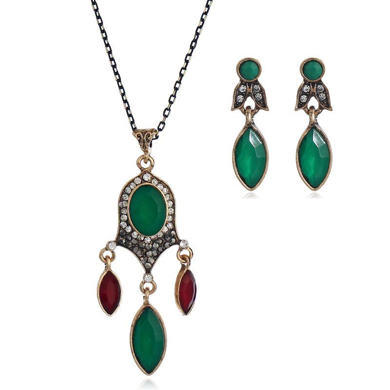 Vintage Pendant Alloy Necklace Earrings Set With Green And Black Resin For Gift