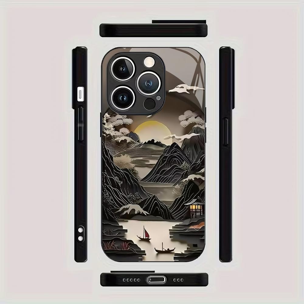 Tempered glass phone case with ancient architectural patterns suitable for iPhone 17 16 15 14 13 12 11 Pro/Max/Plus anti drop