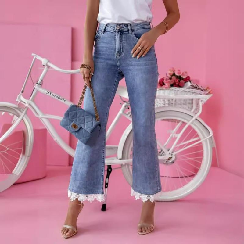 High-waisted slim-fitting jeans, women's small fresh trousers, lace trousers
