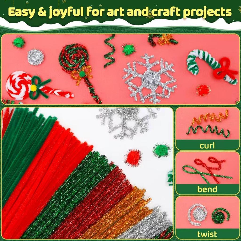 200/400 Pieces Christmas Pipe Cleaners, Thick Fluffy Chenille Stems, Pipe Cleaner Crafts for Arts & Crafts, Perfect for Making