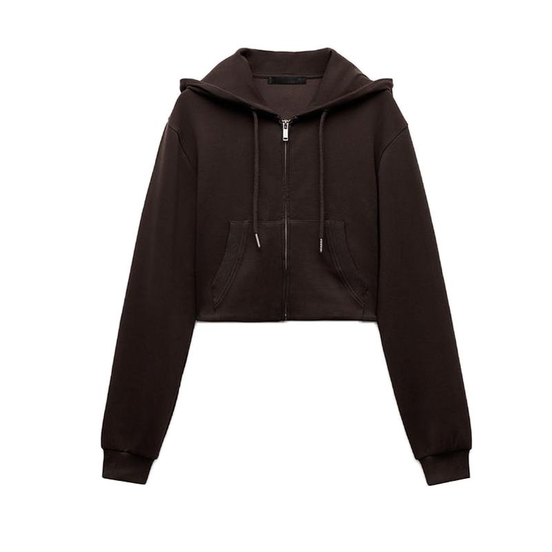 

Za Spring New Women s Clothing Double-Sided Cloth Short Sweatshirt 3641843 Stitching Decoration Bell-Bottom Pants 3641845 Brown Tops S