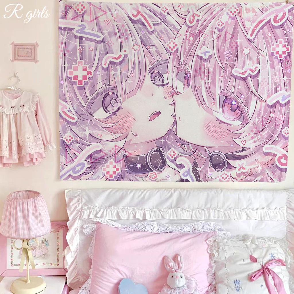 Kawaii Anime Pink Girl Tapestry Wall Hanging Decor Cute Fashion Lady Bedroom Background Home Decor Wall Tapestry