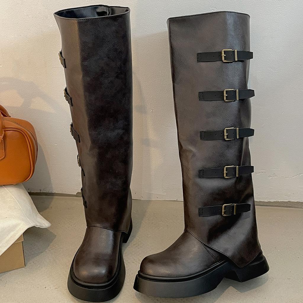 Black British style but knee thick heel platform boots women's 2025 new autumn height-increasing and thin retro boots