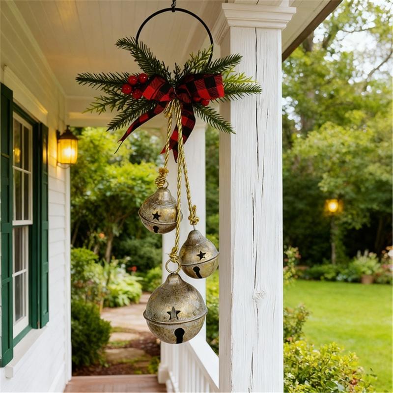 Metal Jingled Bells Christmas Hanging Ornaments Metal Bells Cluster with Tartans Ribbon for Mantels and Entryway Displays