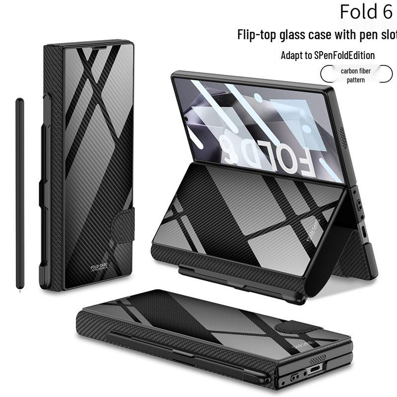 Samsung Z Fold 6 Leather Flip Case with Pen Slot and Glass Cover – Stylish and Business-Friendly.
