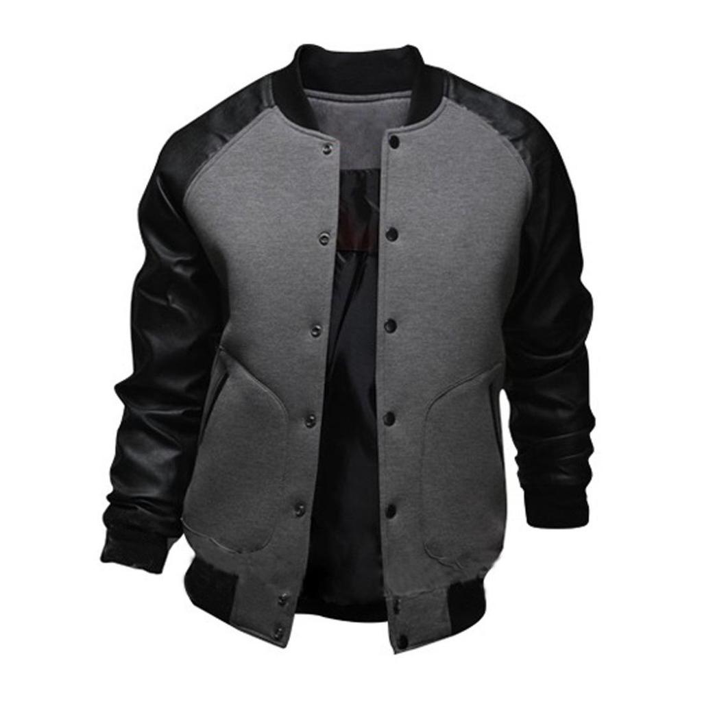 Men's 2019 Leather Sleeve Patchwork Baseball Jacket with Large Pockets & Stand Collar