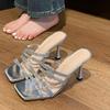 Summer New High Heels Women's Fashion Square Head Crystal Metal Buckle Anti-slip Wear-resistant Stiletto Sandals