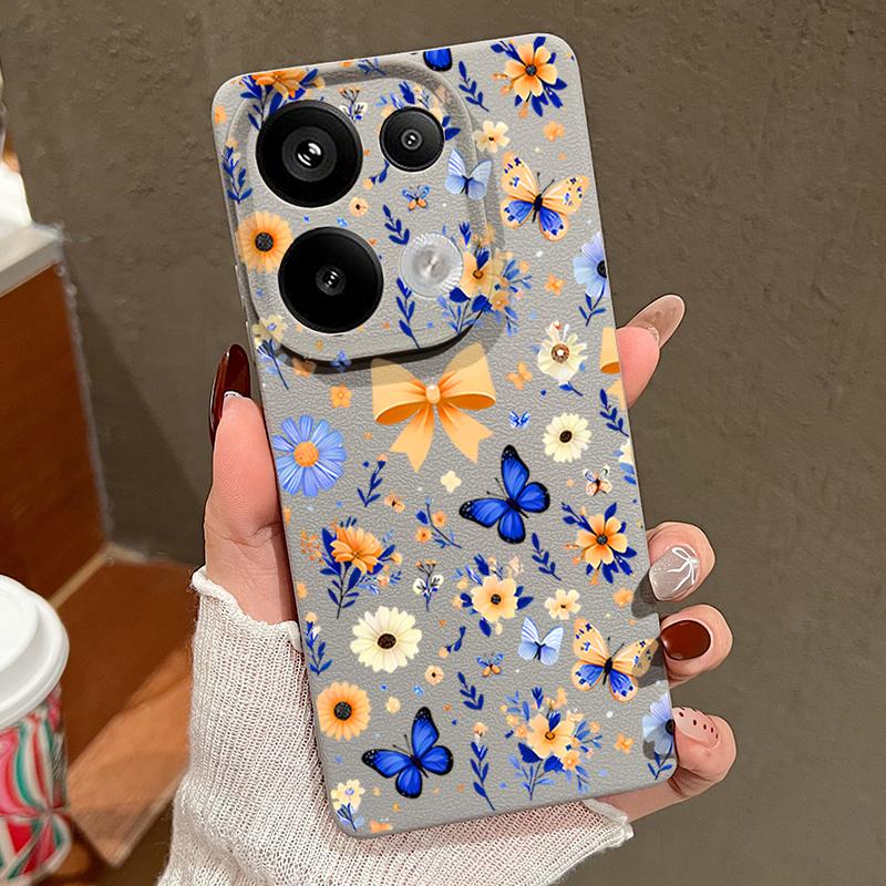 Blue Butterfly Floral Pattern Case For Xiaomi 14T 13T 11T Pro Funda Redmi Note 14 13 12 11 Pro 5G 4G Leather Texture Silicone Cover
