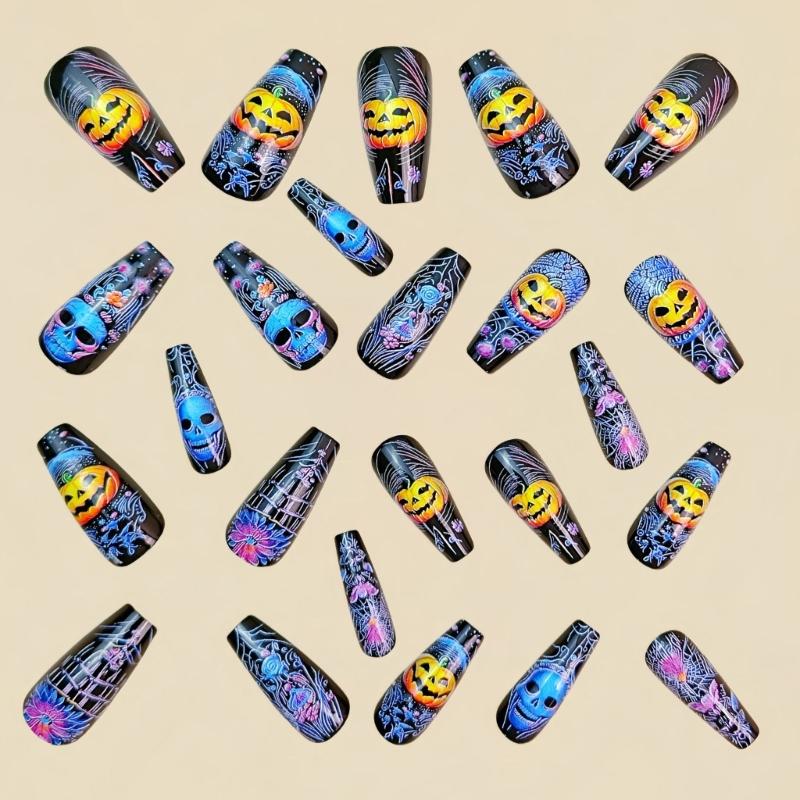 24 Pieces Halloween Nail Art Set Gothic Pumpkin Skeleton Detachable Artificial Nail ABS Material for Parties