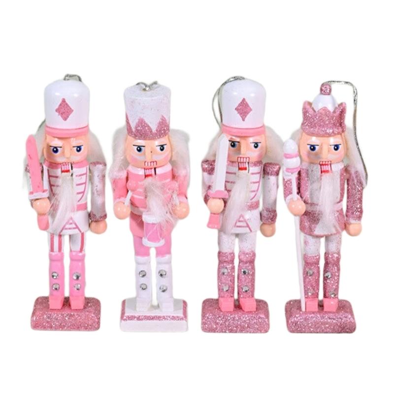 Pack of 4 Pink Nutcrackers King and Soldier Statue Christmas Decorative Hanging Wooden Nutcrackers Toy Decors Ornaments 1
