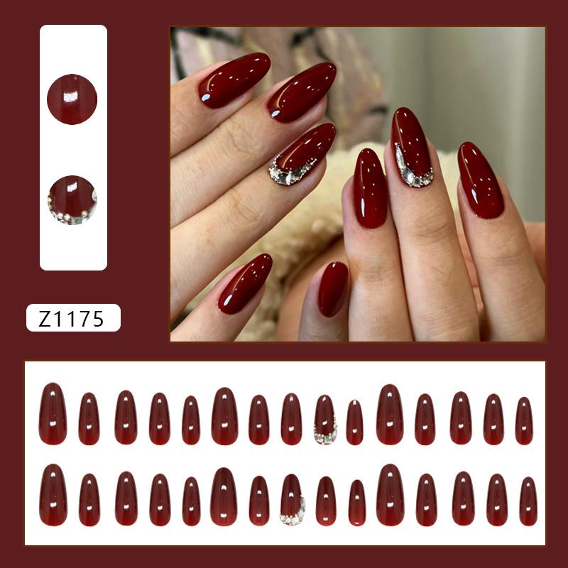 

Красные накладные ногти средней длины миндалевидной формы с дизайном, многоразовые накладные ногти, наклейки, глянцевые, полное покрытие, акриловые, клейкие ногти, наклейки для женщин