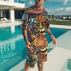 Summer Tribal Printed Men's T-shirt Set Round Neck T-shirts 2 Piece