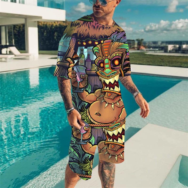 Summer Tribal Printed Men's T-shirt Set Round Neck T-shirts 2 Piece